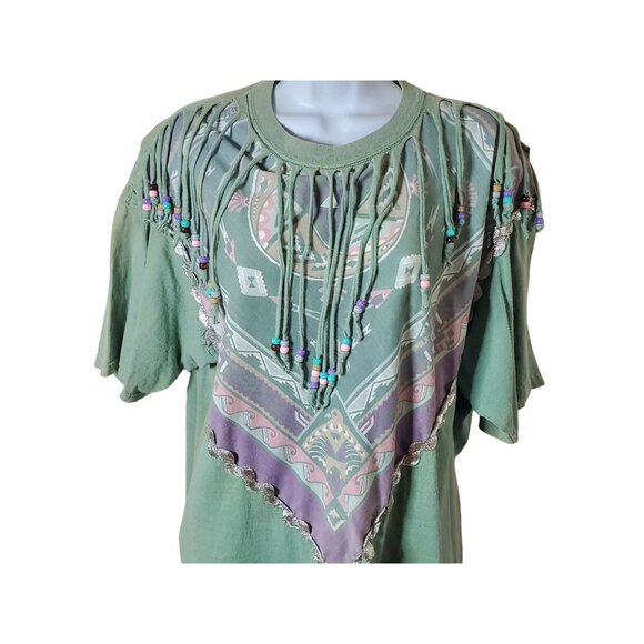 Vintage 90s Sturdy Tees By Lee Fringe Beaded Southwestern Graphic T-Shirt L - Picture 2 of 9